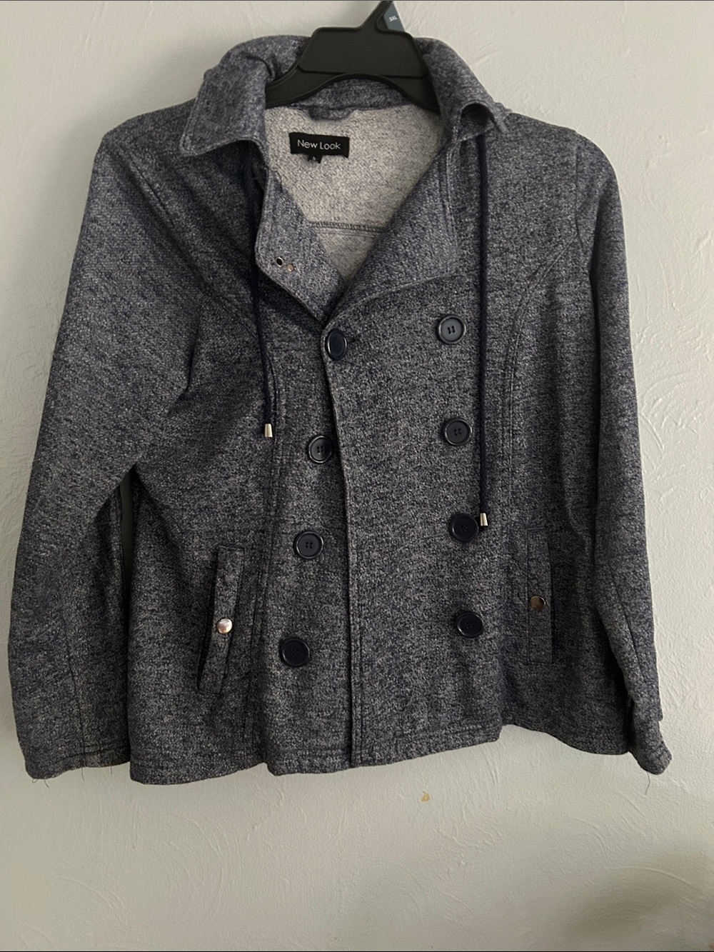 New Look Men's Double-Breasted Charcoal Knit Pea Coat